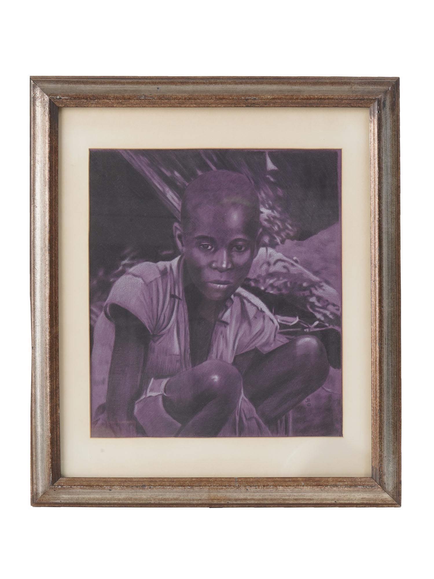 YOUNG AFRICAN BOY PASTEL PORTRAIT PAINTING SIGNED PIC-0